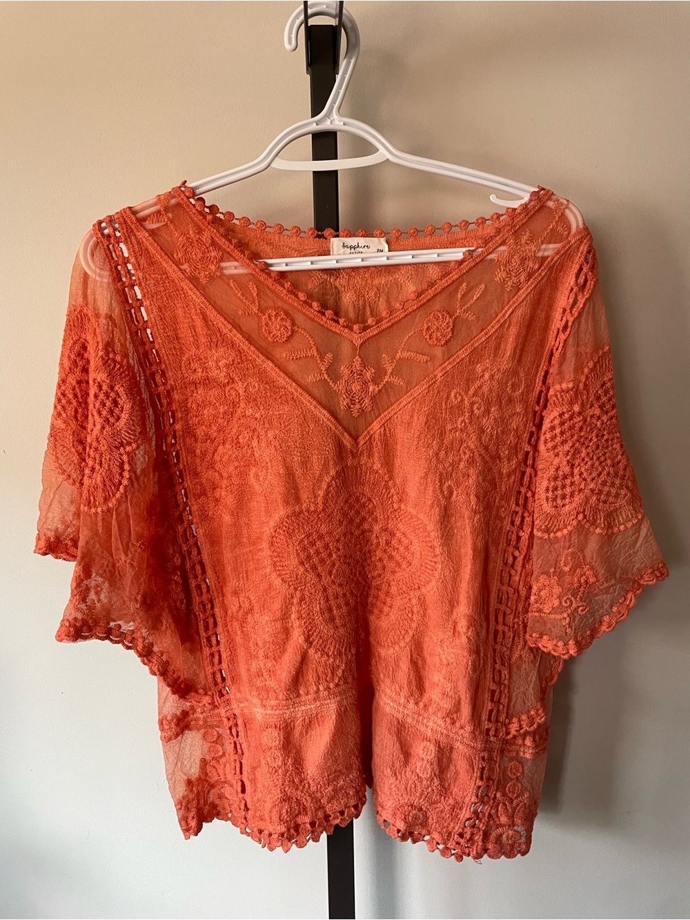 Sapphire Petite Burnt Lace Pom Pom Crochet Embroidered Poncho Blouse Coral PM